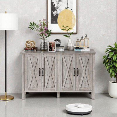 Farmhouse Gray Wood Grain Buffet Cabinet, 47" Sideboard with 4 X-Brace Barn Doors & Adjustable Shelves, Coffee Bar & TV Stand