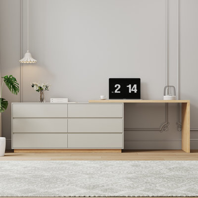 Multi-Purpose Adjustable Desk & Dressing Table | 160-250cm Extendable Top, 6 Drawers | Straight or L-Shape Setup for Living Room, Study & Bedroom