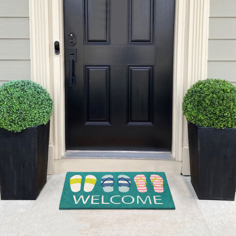 Natural Coco Coir Door Mat with PVC Backing, "Coastal Slippers Welcome", 18"x30", Heavy-Duty Non-Slip Indoor/Outdoor