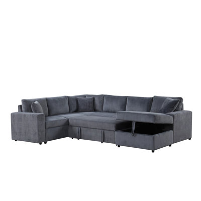123"W Gray Corduroy Sleeper Sectional Sofa With Right-Facing Storage Chaise And Throw Pillows