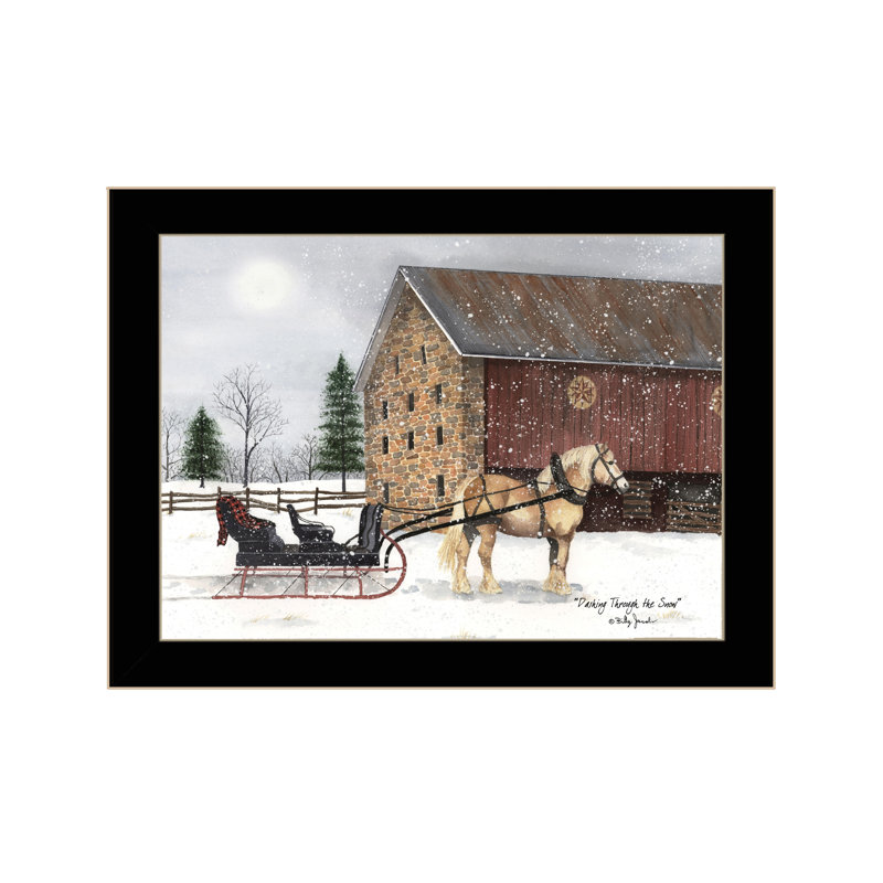 Décoration murale encadrée «Dashing Through The Snow» pour le salon et la maison par Billy Jacobs, Noir / or