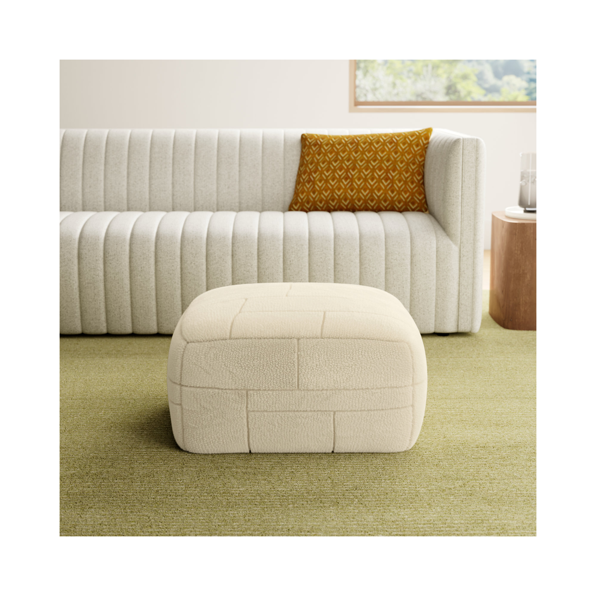 Tuberose Upholstered Pouf, White Wool/Polyester Blend