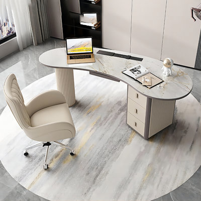 62.99" Beige Curved Sintered Stone Desk Office Sets,4-drawer With A Chair