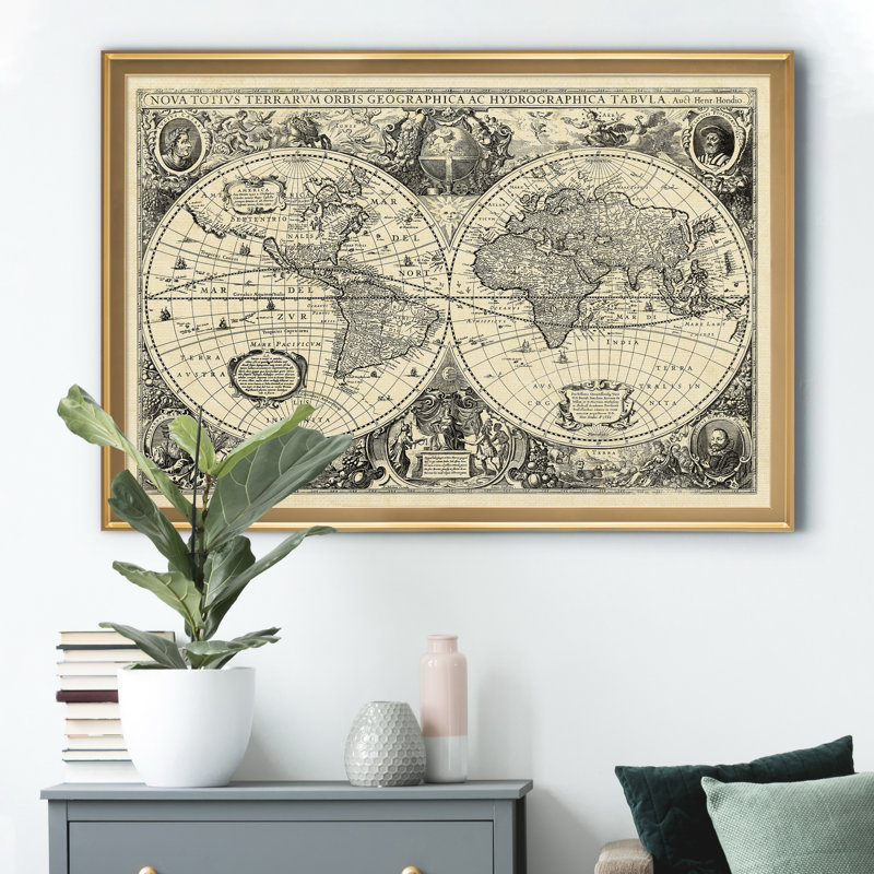 Carte du monde rétro - reproduction de cadre photo, H 22,5 po x l 30,5 po x P 1,5 po, Doré