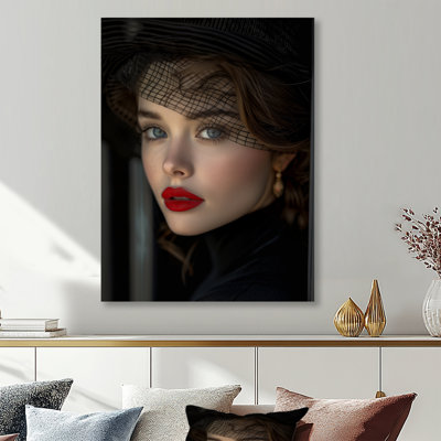 Femme noire et blanche avec des lèvres rouges II - mode femme, art mural sur toile, salon
