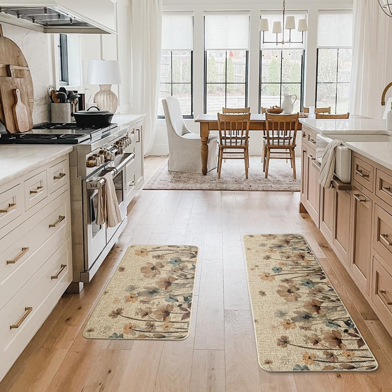 Kitchen Rugs - Brown, Poppy Floral Leaves, Spring Table Décor, Set Of 2