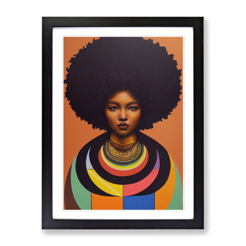 FRM-V0523-2937X Woman With Afro Mandala 1 Piece Single Picture Frame Wall Art, 64cm H x 46cm W x 2cm D, Black