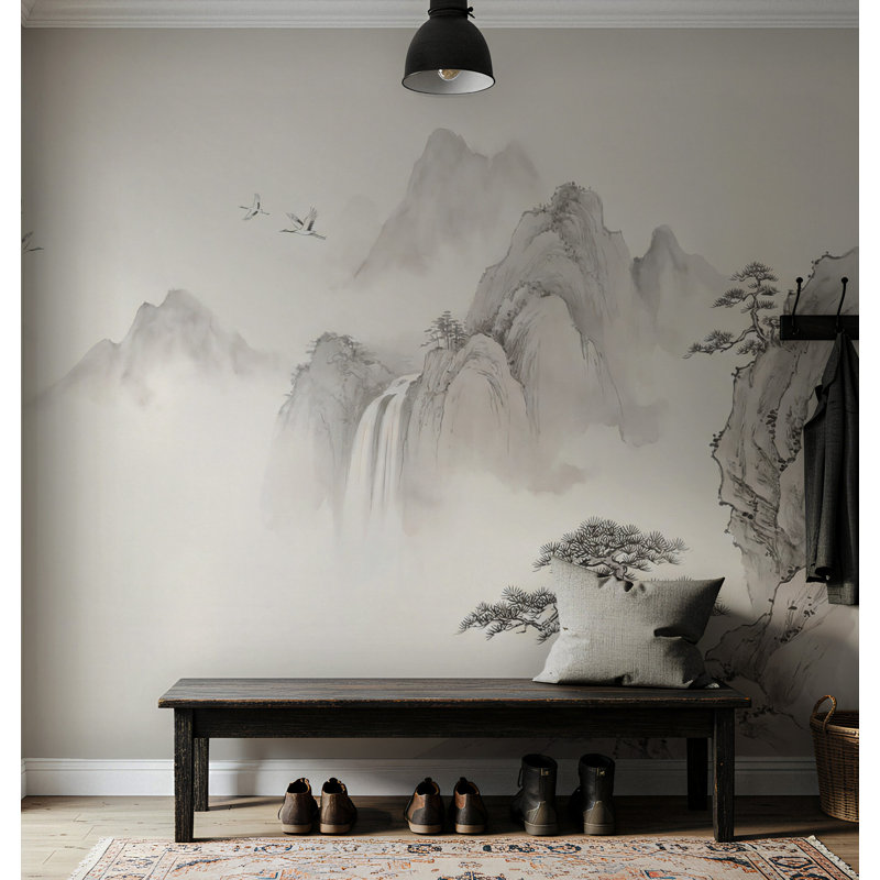 Murale de papier peint montagne et cascade minimaliste en ivoire, 40" L x 60" W, Peel & Stick