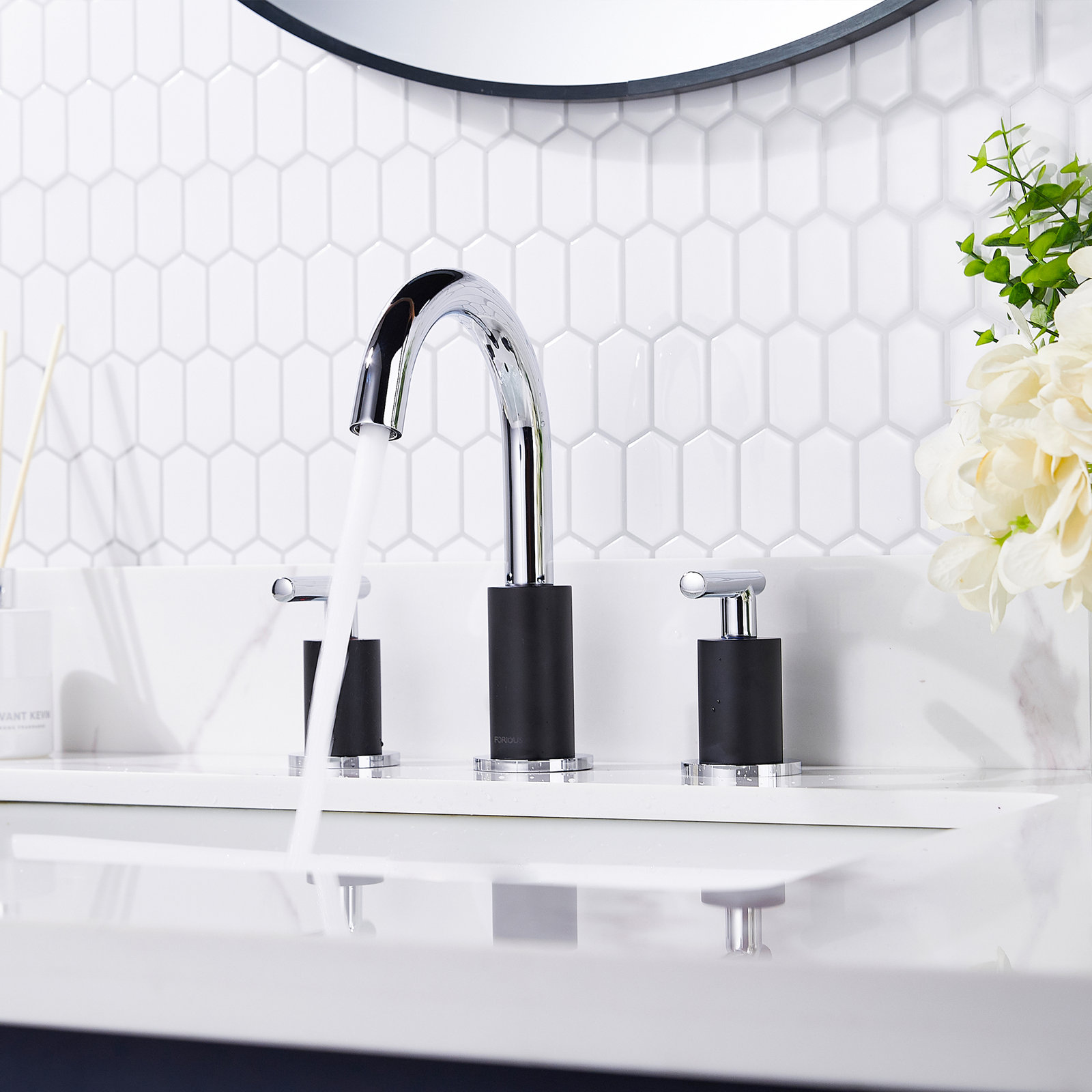 Celestine Widespread Bathroom Faucet with Drain, Black/Chrome