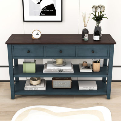 Console Exton Mid-Century avec tiroirs de rangement et tablettes ouvertes