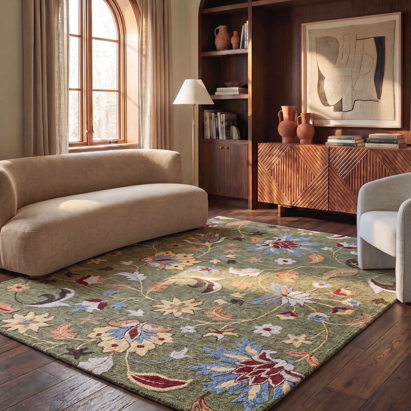 Tapis floral en coton touffeté à la main Jardin en vert / bleu, Rectangle 8 po x 10 po