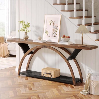 70.87 Inch Console Table with Storage, Narrow Sofa Table for Hallway and Living Room, 2-Tier Rustic Entryway Table with Half Moon Frame