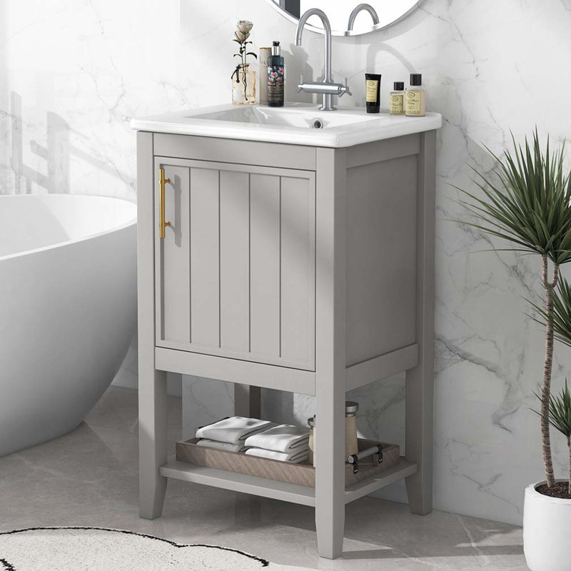 Meuble-lavabo de salle de bain avec lavabo en céramique, support de rangement et tablette ouverte, Gris