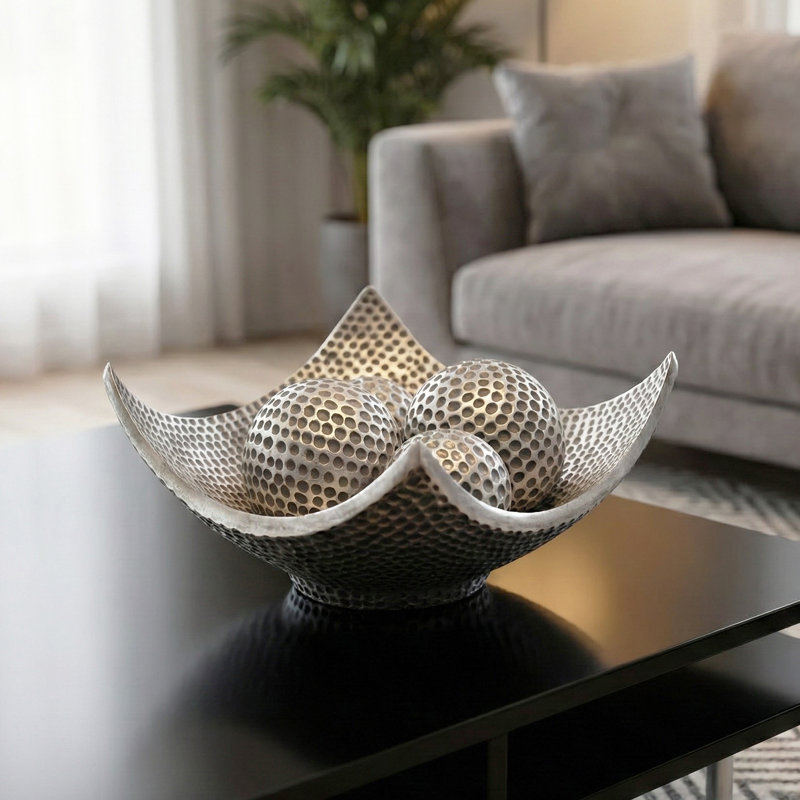 Bol décoratif argent Elektra pour la décoration de table basse, la cuisine, les centres de salle à manger, les orbes / boules inclus