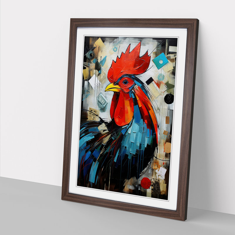 Rooster Dadaism No.3 - Single Picture Frame Print on Wood, 34cm H x 25cm W x 2cm D, Walnut