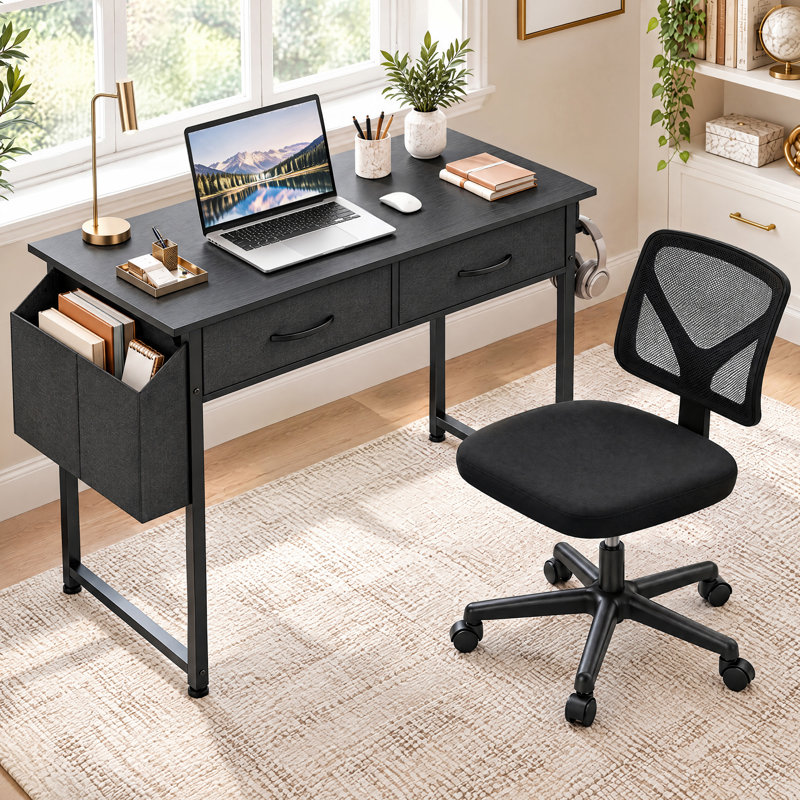 Ovidia Desk and Chair Set: 32 Inch Computer Desk & Height Adjustable Black Mesh Chair, Black/Black