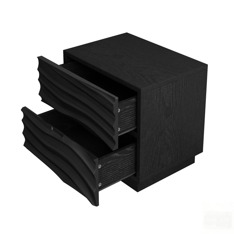 Solid Wood Nightstands, Bedside Table With 2 Drawers, No Handles, Sofa End Table For Living Room, Bedrooms, Set of 2, Black