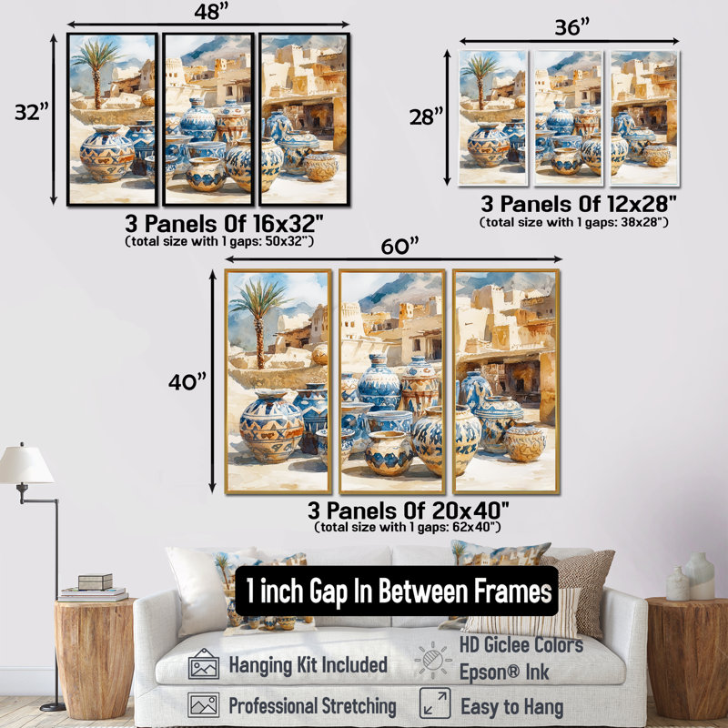 Ensemble d'art mural brun et bleu, poterie du désert africain I - Boho, H 28 po x l 36 po x P 1 po