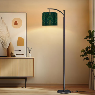 Arc Floor Lamp with Adjustable Lampshade Art Deco Gold Geometric Palm Dark Green Standing Lamp 3 Colour Temperatures Dimmable Tall Pole Lamp with Foot Switch for Bedroom