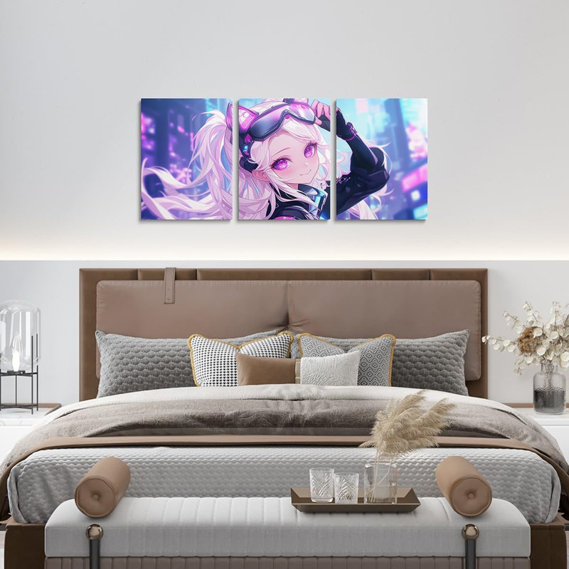Girls Japanese Anime Framed Wall Decor, Kawaii Anime Girl Canvas Wall Art 12"X 16" Cartoon Girl Artwork Posters, Japanese Animation Sci Fi Style Painting For Kids Teens Women, Blue Purple