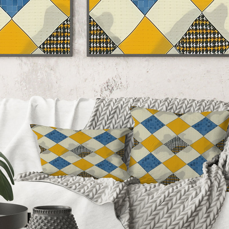 Coussin moderne bleu et jaune Houndstooth II, H 16 po x l 16 po