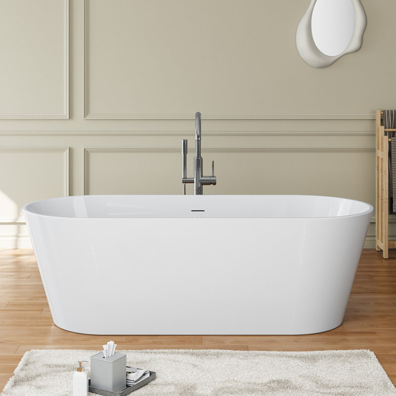 67" L x 28.7" W Freestanding Acrylic Soaking Bathtub, Double-Ended Design, Glossy White, 67" L x 28.7" W x 21.7" H