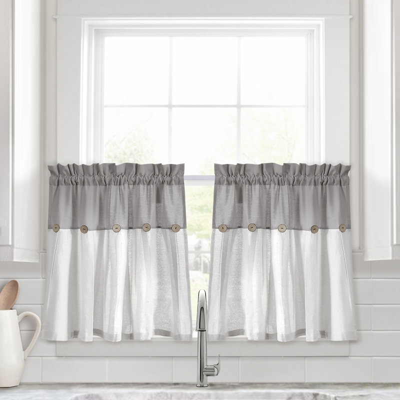 Linen Button Cotton Blend Tailored Cafe Curtain, 29" W x 24" L, Gray/White