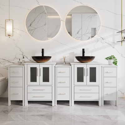 Ensemble de meuble-lavabo double autoportant 84 po avec robinet Veseel 84 po, robinet et bonde escamotable