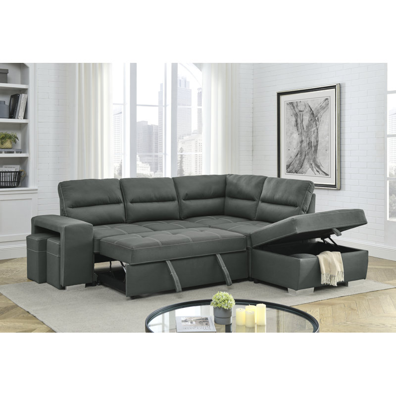 Canapé-lit modulaire réversible en L avec repose-pieds de rangement mobile, canapé modulaire escamotable en L, gris