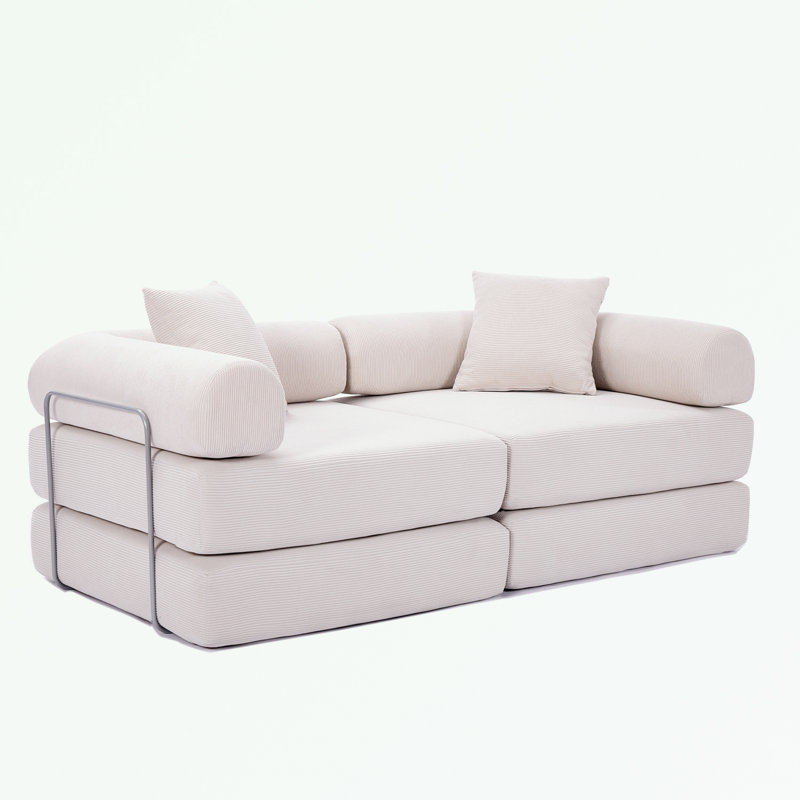 [Vidéo fournie] Canapé-lit modulaire pour appartement, canapé-lit convertible, structure de forme fixe et accoudoirs amovibles, canapé-lit pliant pour petits espaces, sans assemblage, velours côtelé, beige
