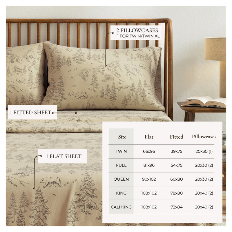 100% Turkish Cotton Flannel Solid & Plaid Sheet Sets, Full with 2 Pillowcases, Bear Mountain
