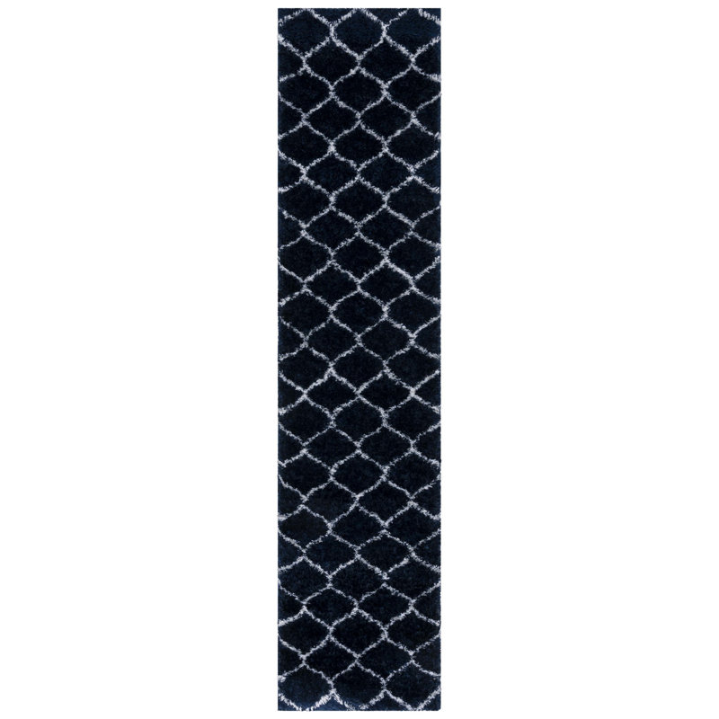 Navy and White Geometric Shag Runner Rug 2' x 9'