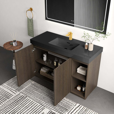 Meuble-lavabo moderne en chêne fumé avec grand rangement et lavabo à quartz