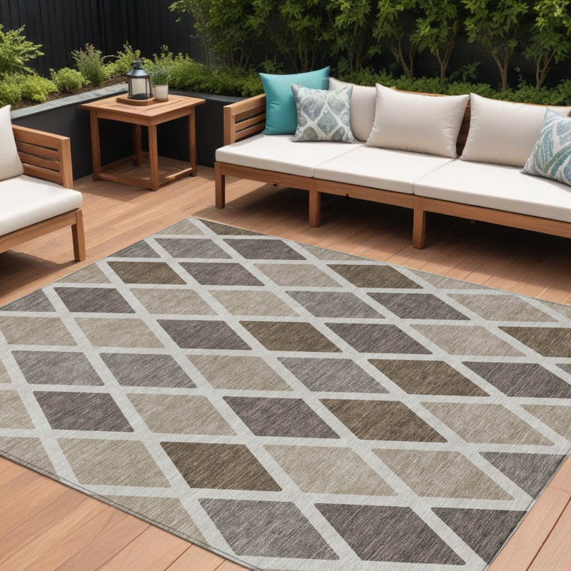 Tapis extérieur lavable à motif géométrique beige et brun 9 pi x 12 pi