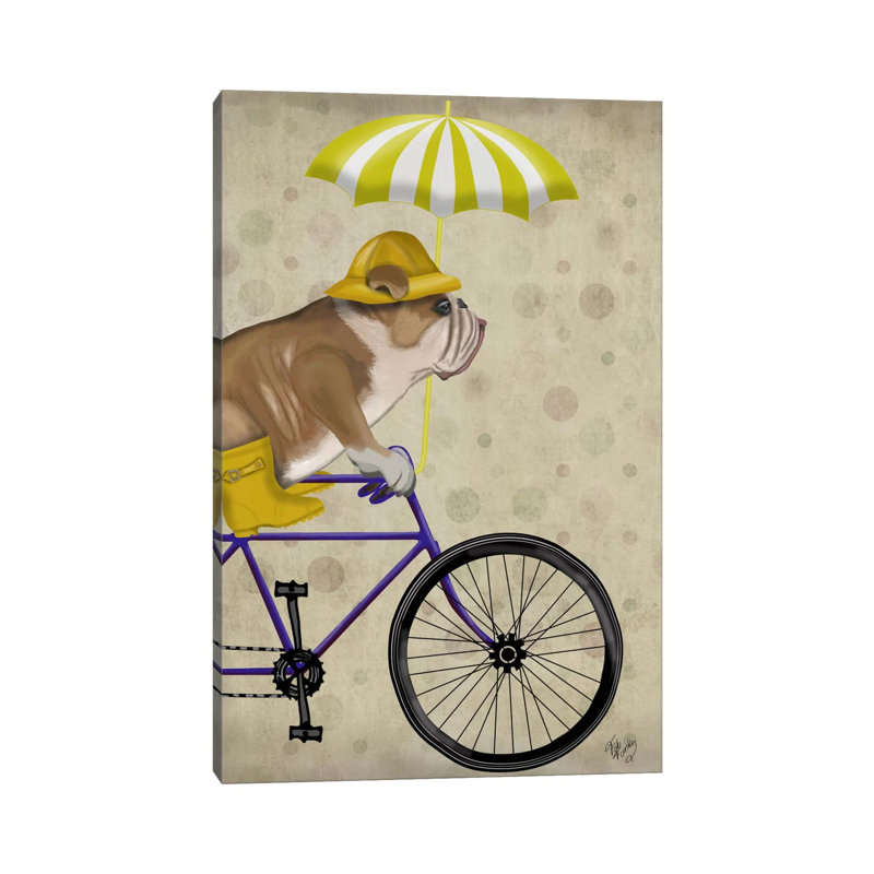 English Bulldog On Bicycle by Fab Funky - Wrapped Canvas Print, 30.48 cm H x 45.72 cm W