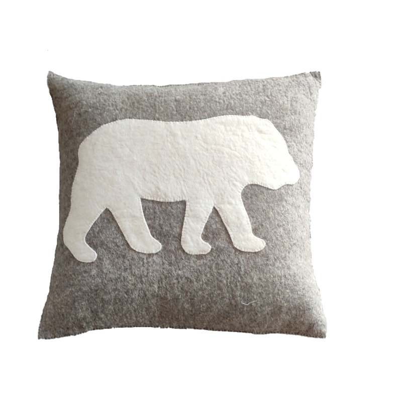 Hand Felted Wool Pillow - Bear Silhouette - 20", Pillow (includes insert), Gray/White