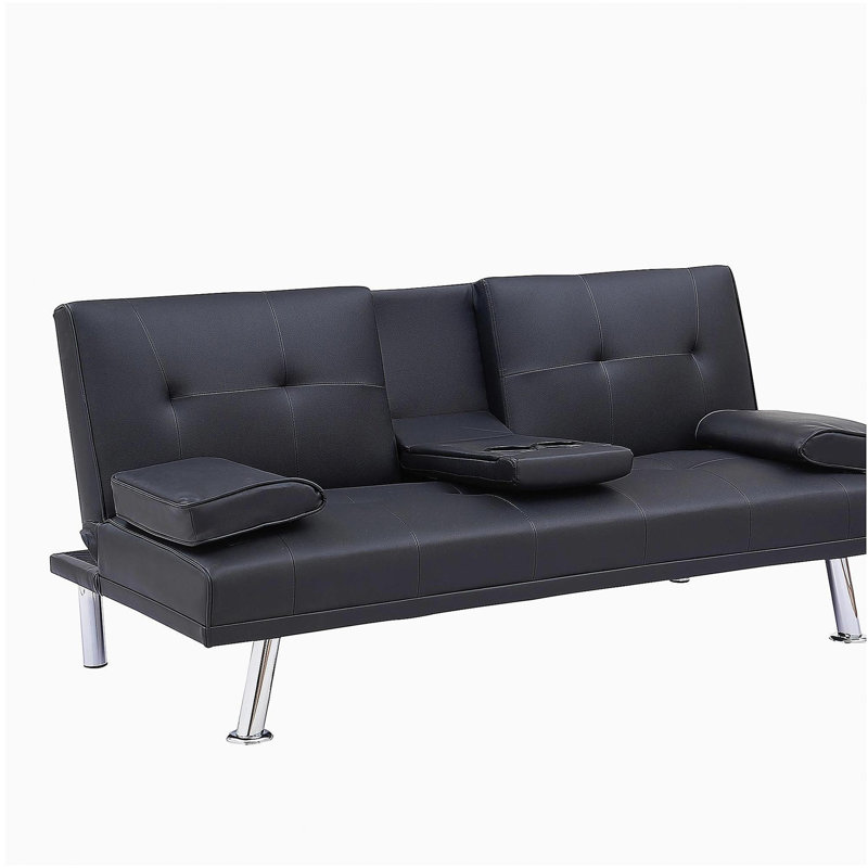 Canapé-lit double pliant en cuir noir avec table basse assortie, conception multifonctionnelle, Noir