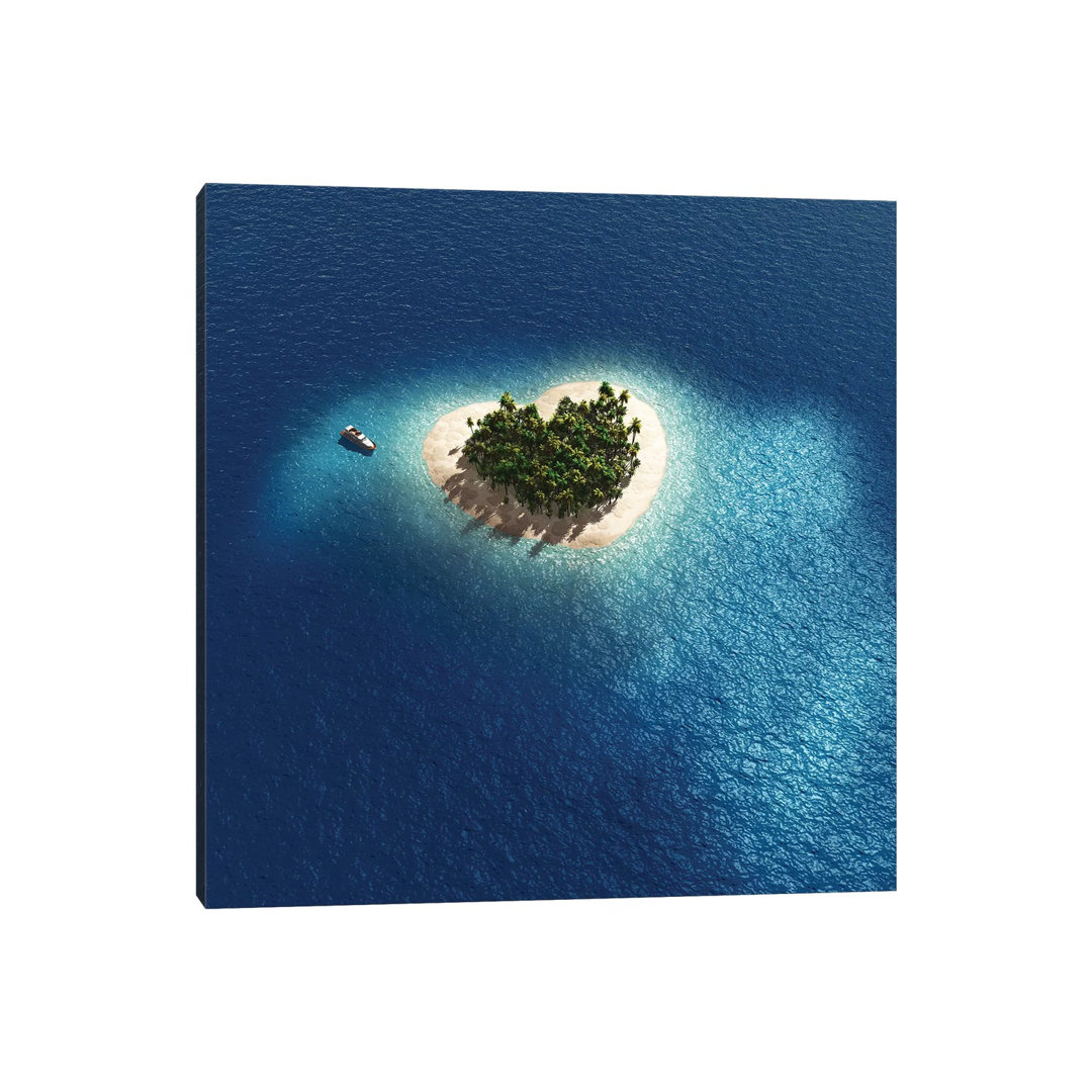 Aerial View Of Heart Shape Tropical Island by Mike Kiev - Wrapped Canvas Print