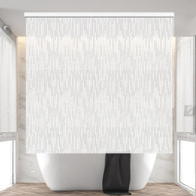 JAKOOZ Ceiling Mounted Rollup Bathroom Shower Curtain/Liner 56" Base – Up to 95" Long - Use for 9' Ceilings – Waterproof PEVA – Plastic Shower Curtains for Bathroom – No Rod, Hooks or Rings (icicles)