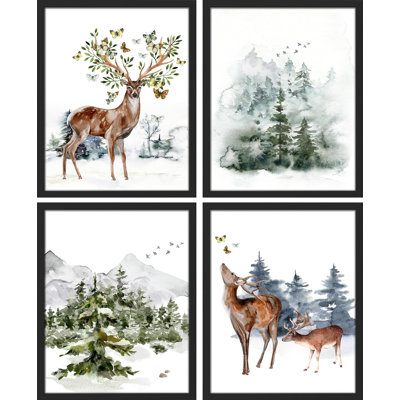 " Winter Wildlife Watercolor Deer In Snowy Landscape " 4 - Pieces