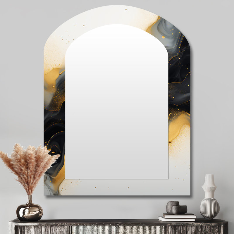Gold and black Marble Essence IV - Marble Asymmetrical Mirror, Gold Arch Unique Wall Mirror, Printed Metal Art, 43'' x 33''