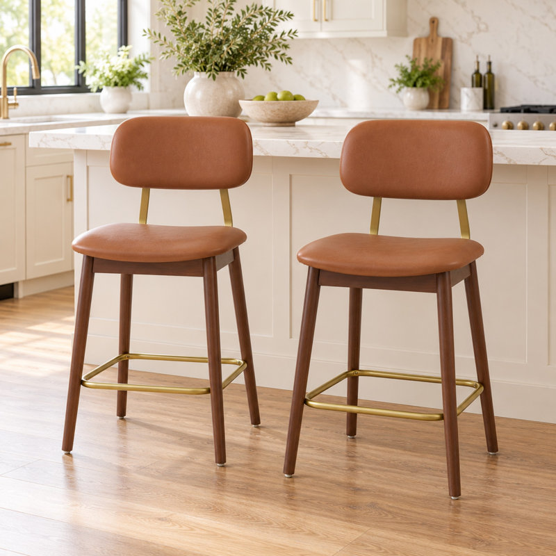 Ensemble de 2 tabourets de bar en bois avec sièges rembourrés en tissu, Brun