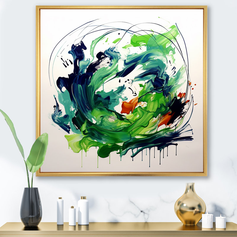 «Green and White Abstract Ink Expression III», art mural abstrait, H 30 po x l 30 po x P 1,5 po, Cadre flottant doré