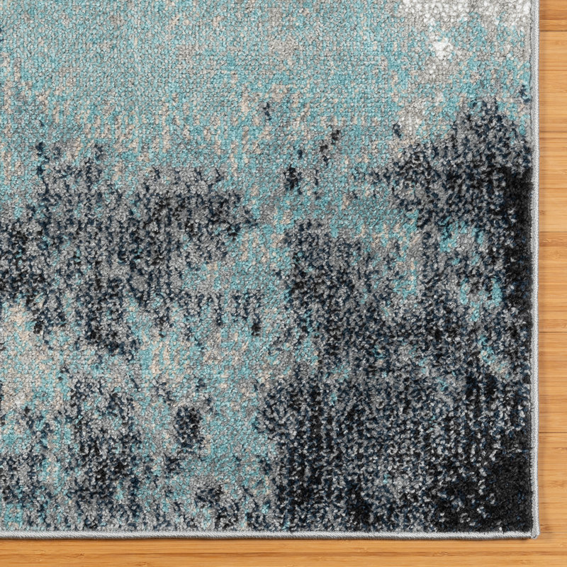 Gretchen Satori Modern Abstract Aqua/Navy Blue/Gold/Ivory Polypropylene Indoor Area Rug, Rectangle 5'3" x 7"