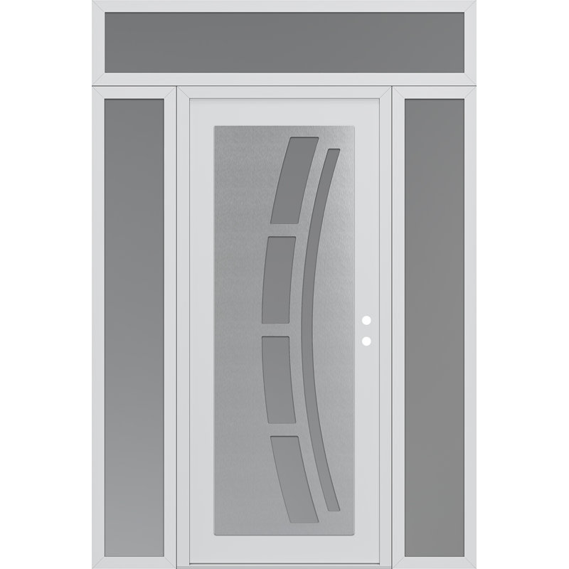 C12 à droite 68 po X 96 po Panneau en acier argenté et verre givré blanc et blanc avec 2 panneaux latéraux et porte d'entrée avant en verre givré