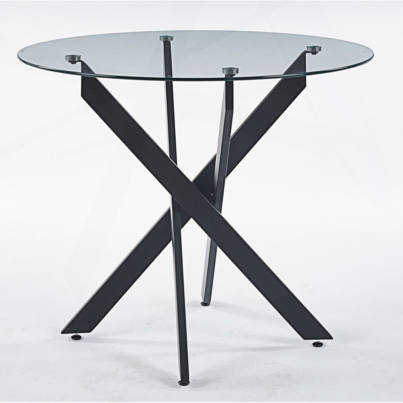 Dining Table With Cross Metal Leg And Tempered Glass Top, Black