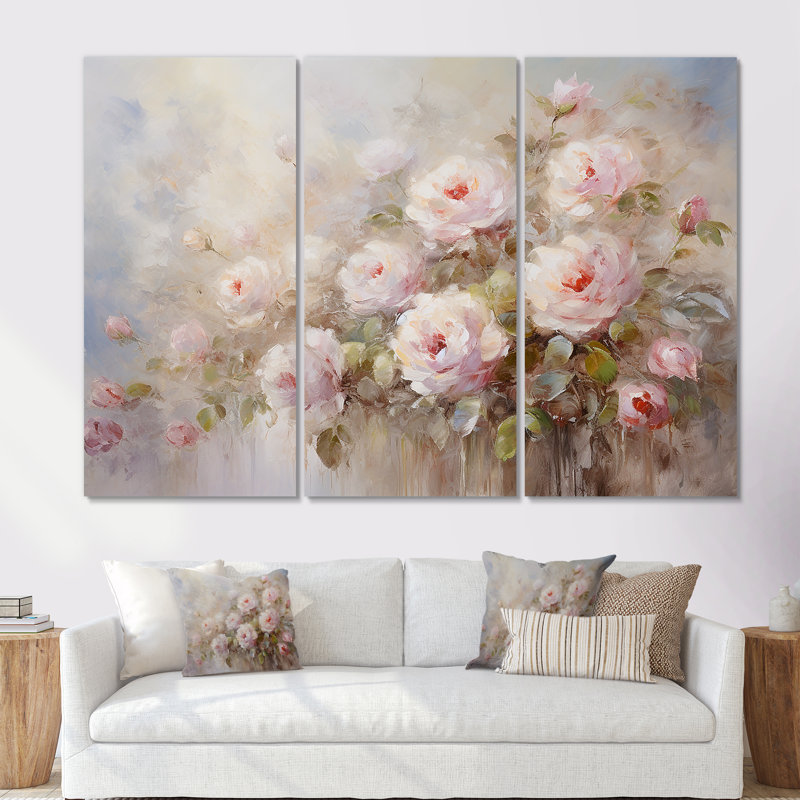 «Pink Roses Farmhouse Charm» - ensemble de décorations murales roses, H 40 po x l 60 po x P 1 po, Toile tendue