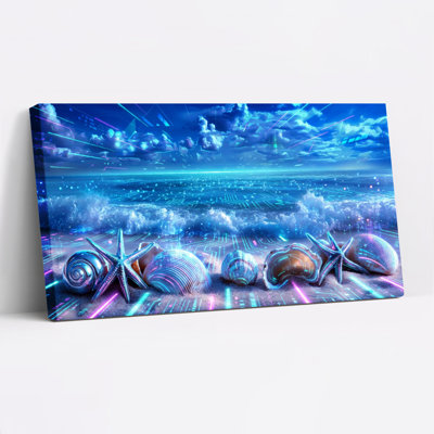 Neon Ocean Waves Seashells And Starfish Futuristic Beach Scene Canvas Wrapped Wall Art Set Of 1