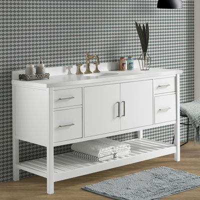 Meuble-lavabo Harrison de 60 po de largeur seulement en blanc - bois de pin massif, tiroirs à fermeture en douceur, quincaillerie en nickel, niveleurs réglables - lavabo non inclus