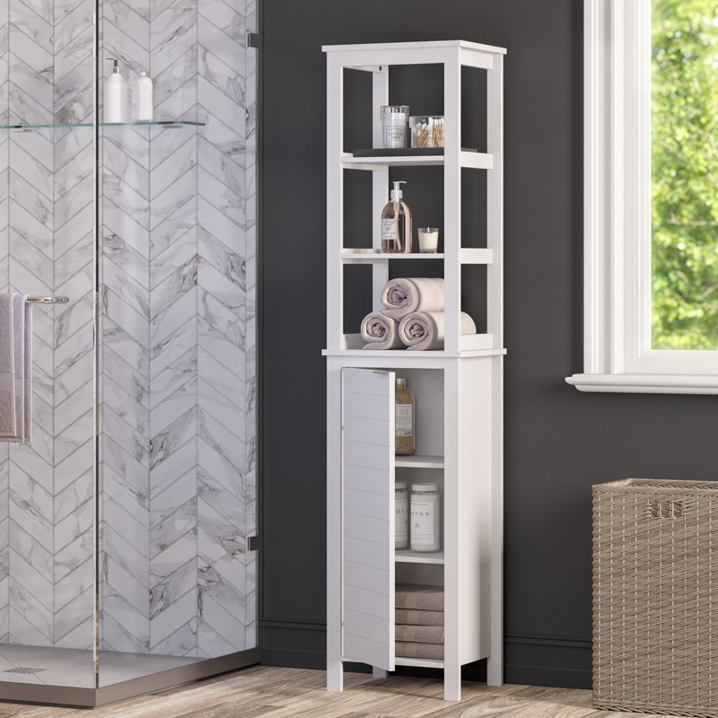 RiverRidge Madison Single Door Tall Bathroom Cabinet Storage Organizer with an Open and Adjustable Interior Shelves - White